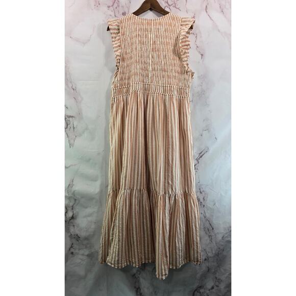 By Anthropologie Dress Womens 1X Pink White Stripe Smocked Midi Flutter - Picture 7 of 12